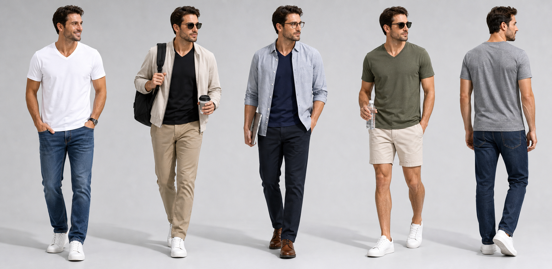 Men's Classic Casual V-Neck T-Shirt AI lifestyle scene collage