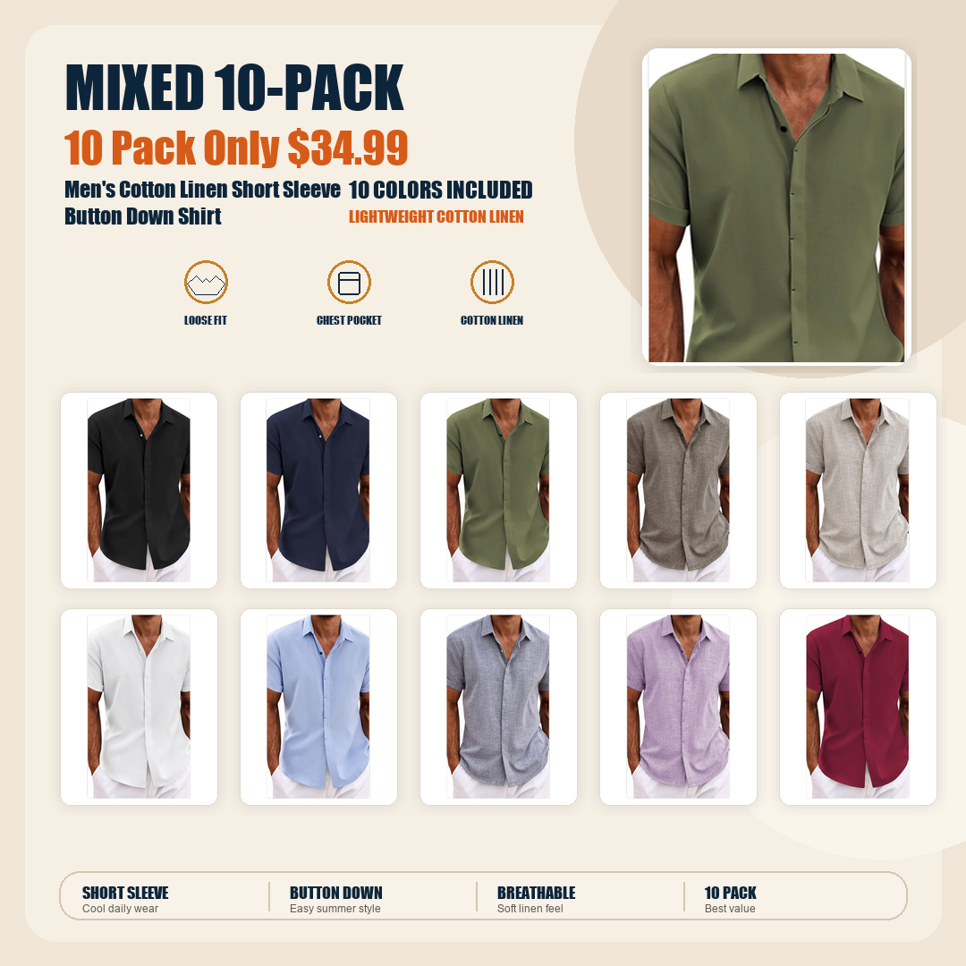 Men's Cotton Linen Short Sleeve Button Down Shirt