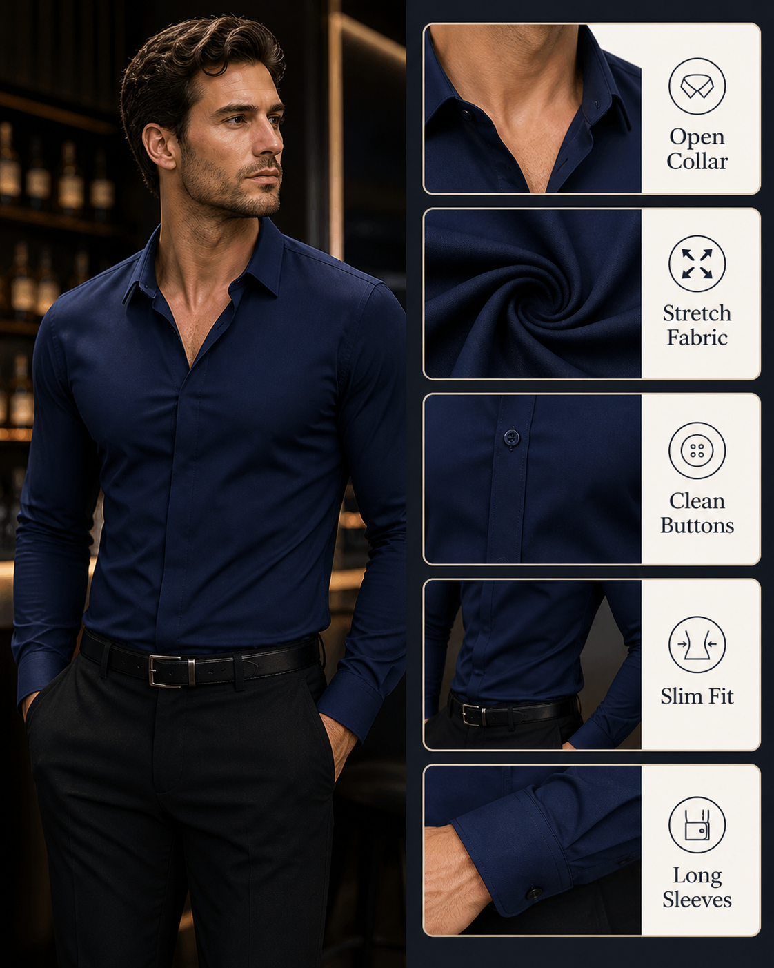 Men's Long-Sleeve Stretch Shirt AI product detail infographic