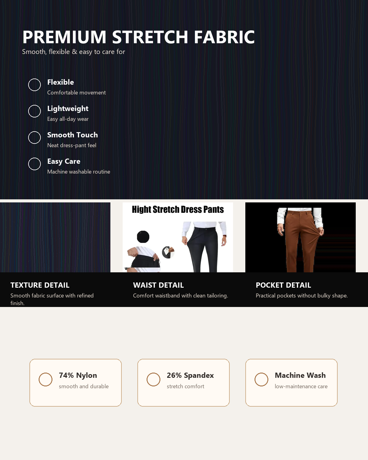 Men's Stretch Dress Pants premium stretch fabric detail image