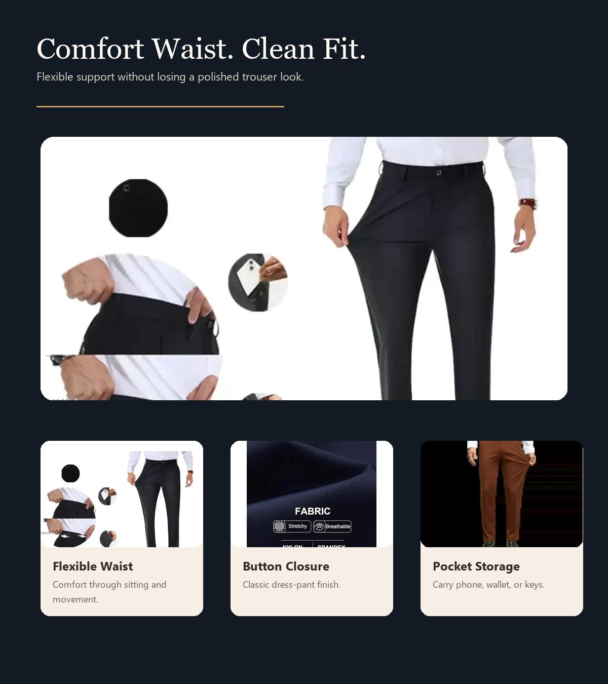 Men's Stretch Dress Pants waist and pocket detail image