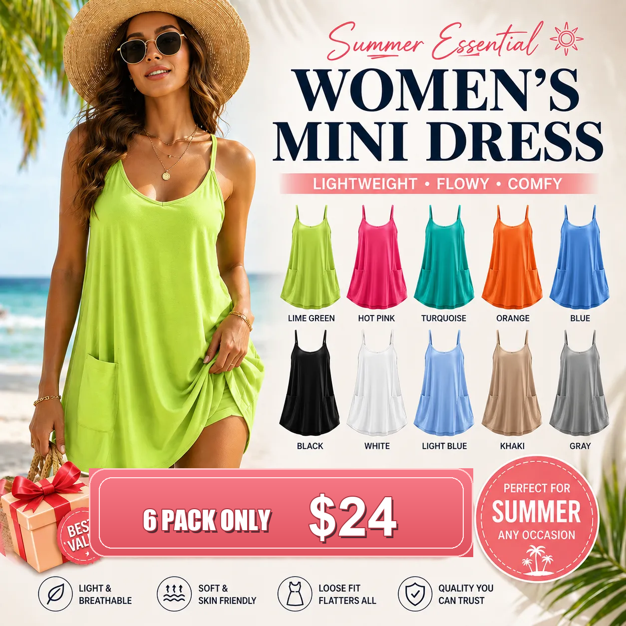 Women's Summer Sleeveless Mini Dress V Neck Spaghetti