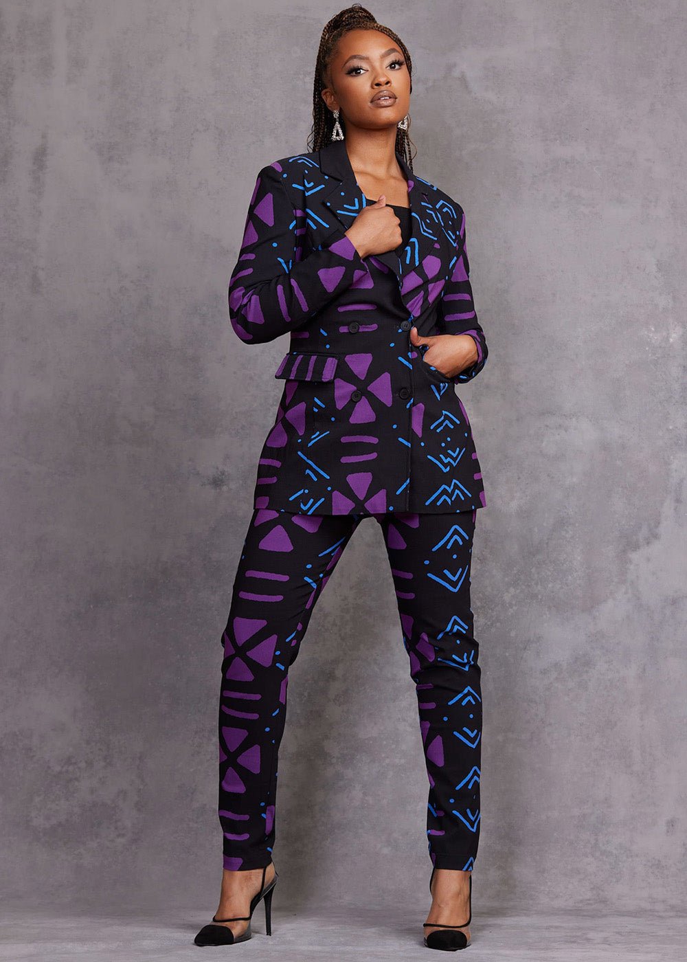 Women's African print stretch blazer in black purple mudcloth - product view 8
