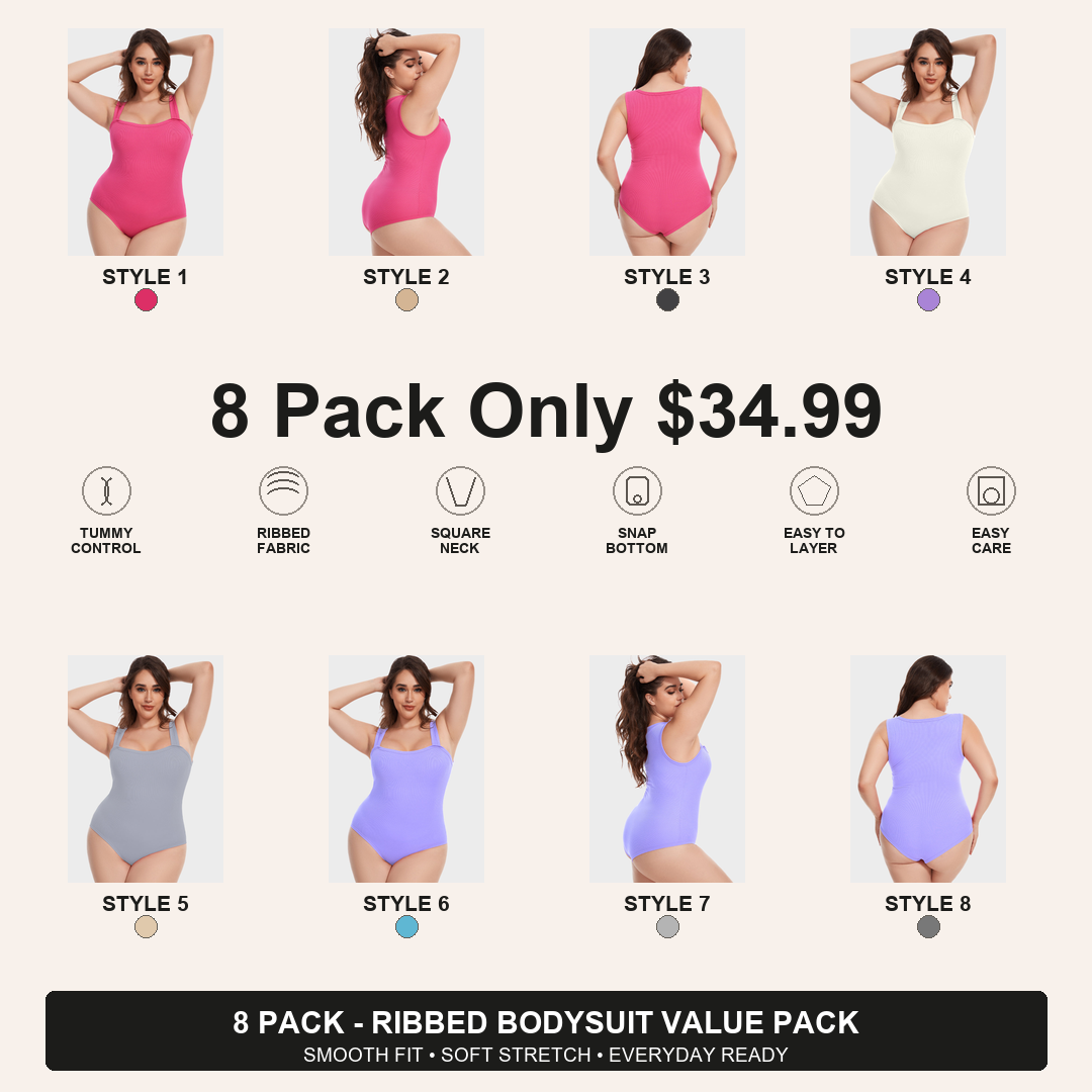 Women's Ribbed Square Neck Tummy Control Bodysuit 8-Pack