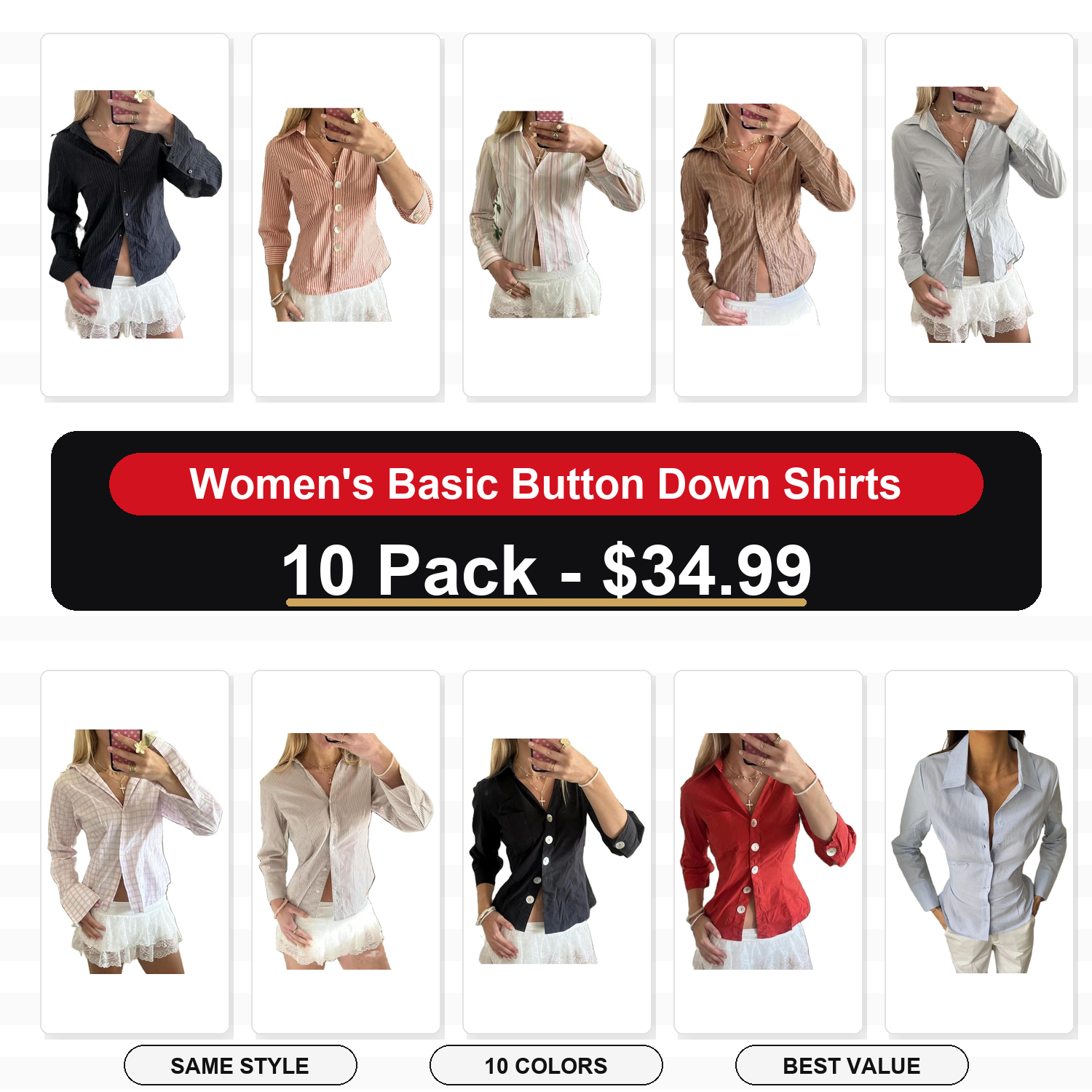 Women's Basic Button Down Shirts Long Sleeve V Neck Lapel Collar Tight Blouse Slim Fit Tops Casual Office Shirt