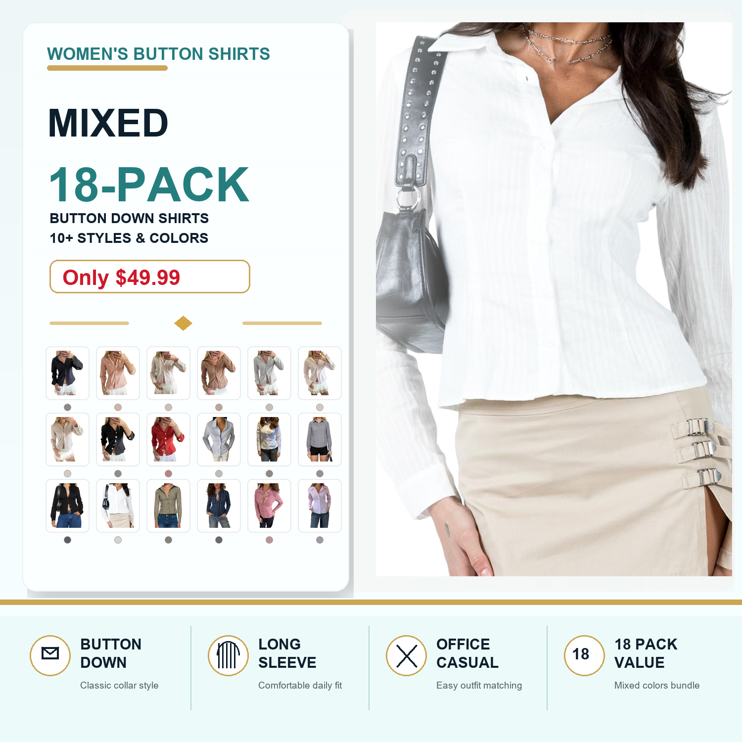 Women's Basic Button Down Shirts Long Sleeve V Neck Lapel Collar Tight Blouse Slim Fit Tops Casual Office Shirt