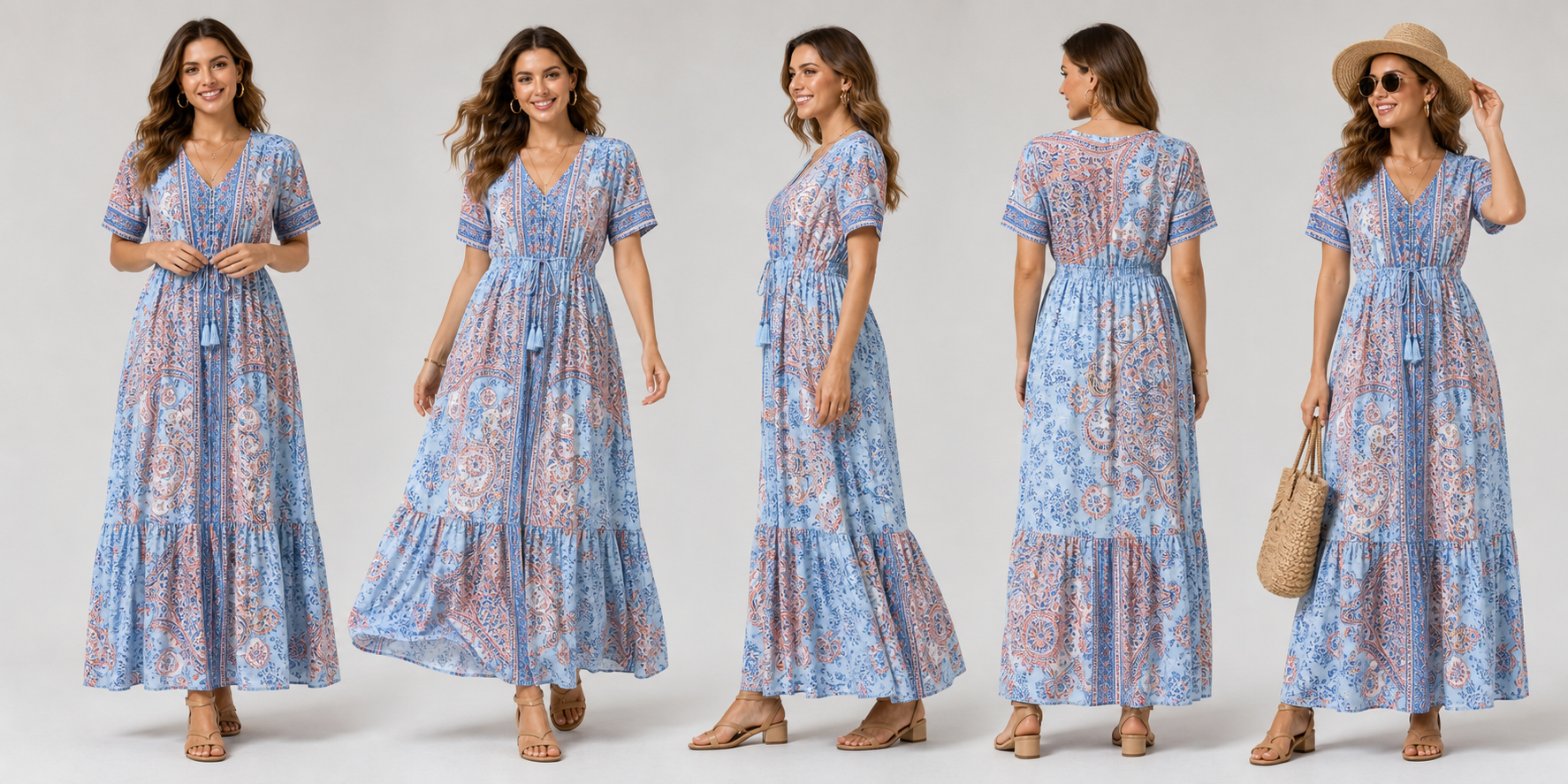 AI generated model scene collage for womens elegant floral drawstring long dress