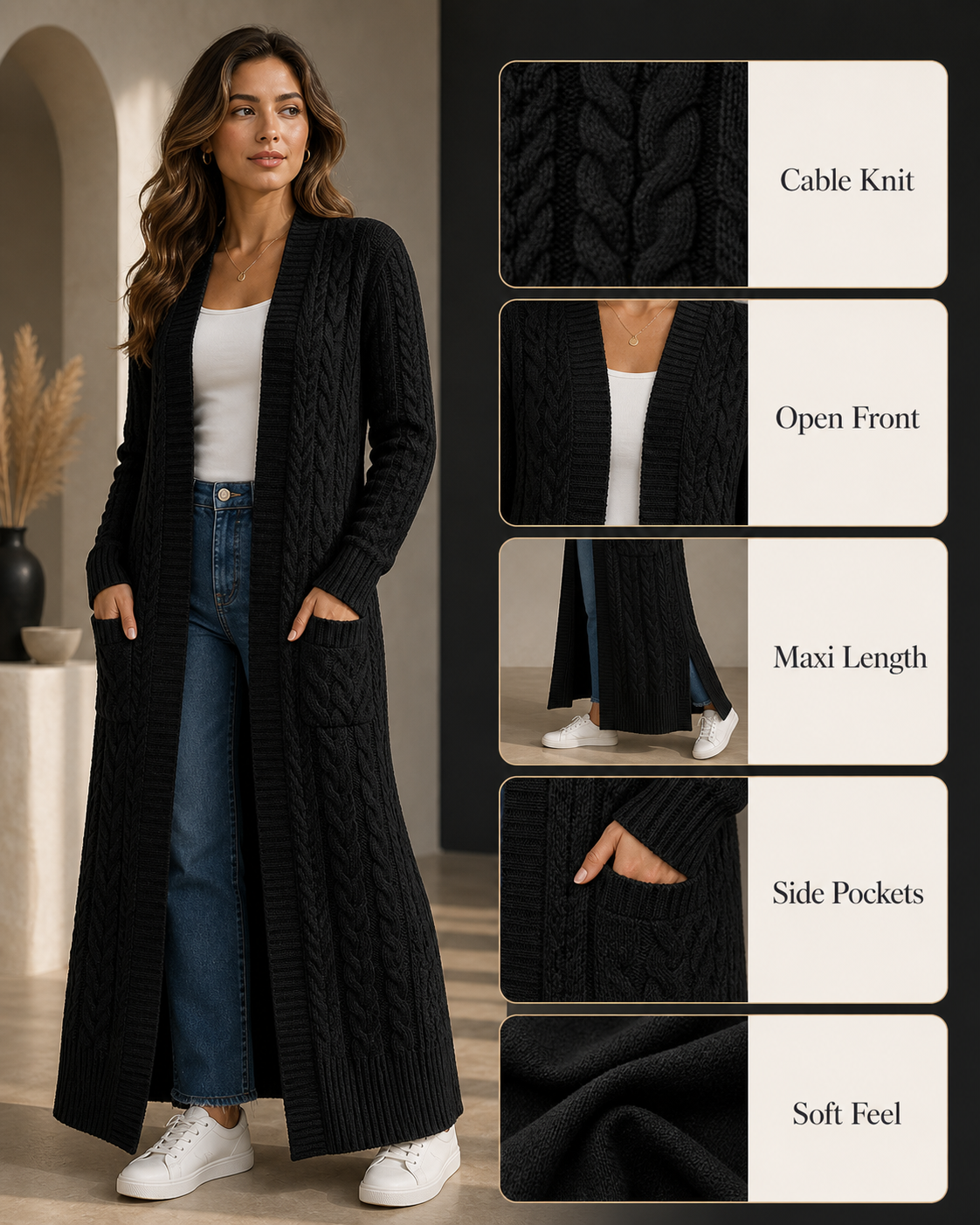 Womens Thin Stylish Cable Knit Dual Extra Long Maxi Cardigan with 2-Pockets AI product detail infographic