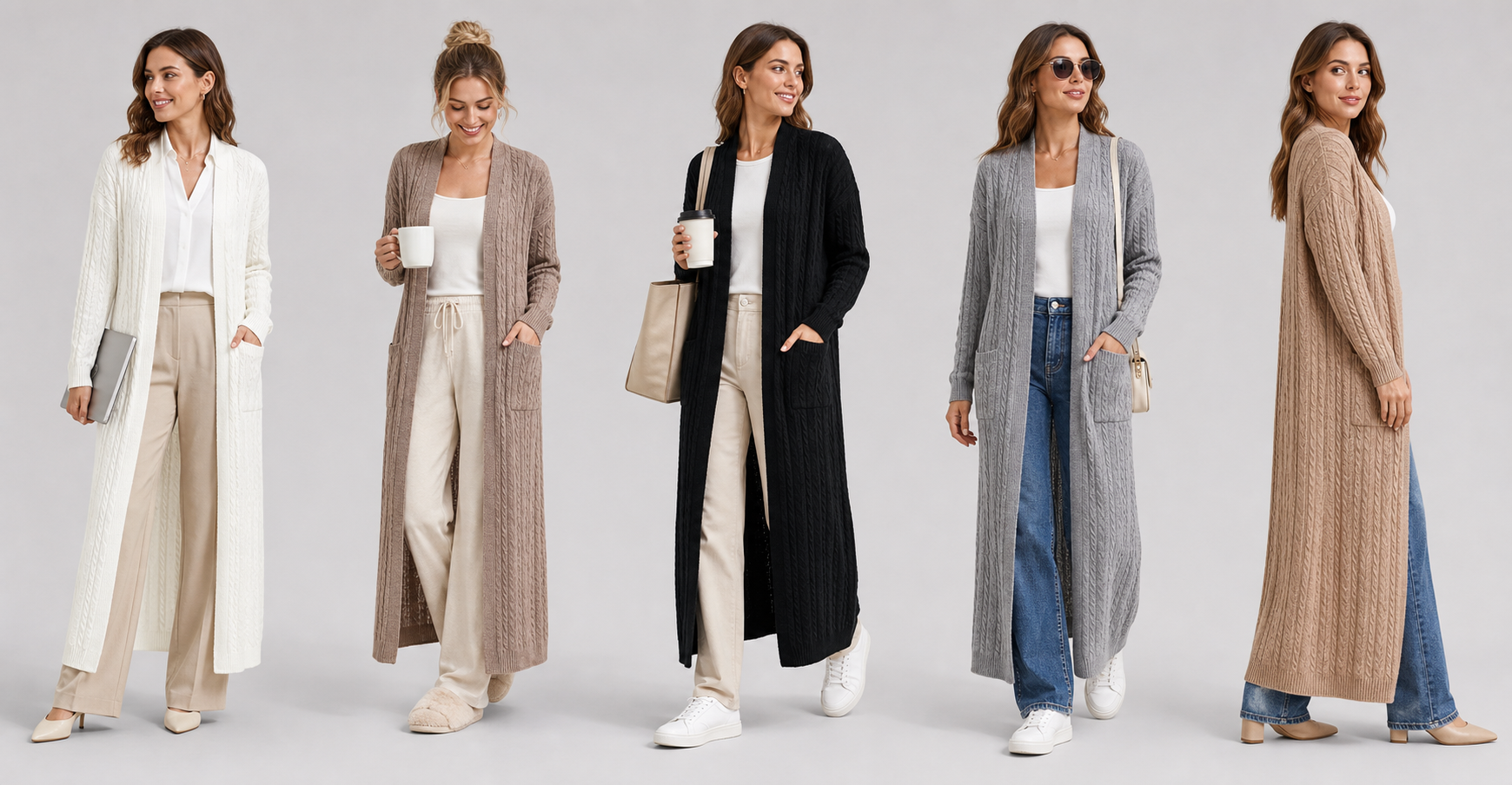 Womens Thin Stylish Cable Knit Dual Extra Long Maxi Cardigan with 2-Pockets AI lifestyle scene collage