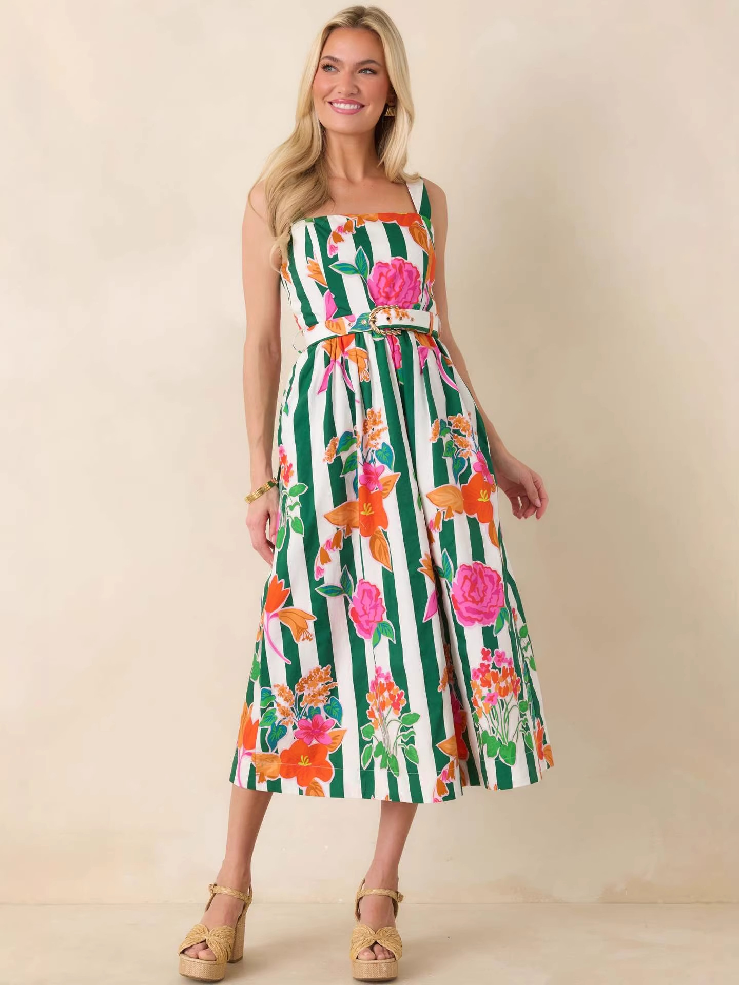Prosperina Jocelyn Green Multi Floral Stripe Cotton Maxi Dress