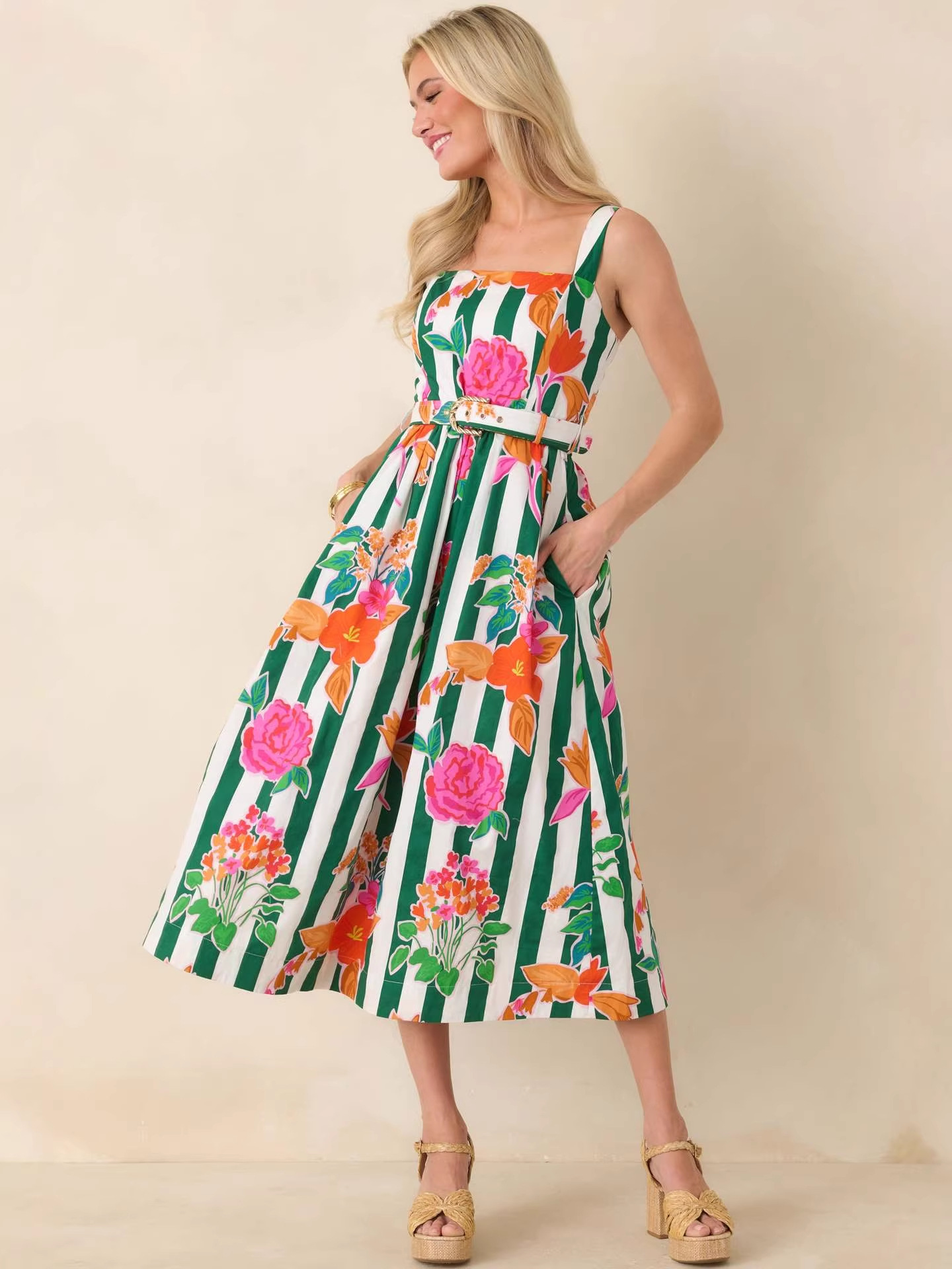 Prosperina Jocelyn Green Multi Floral Stripe Cotton Maxi Dress