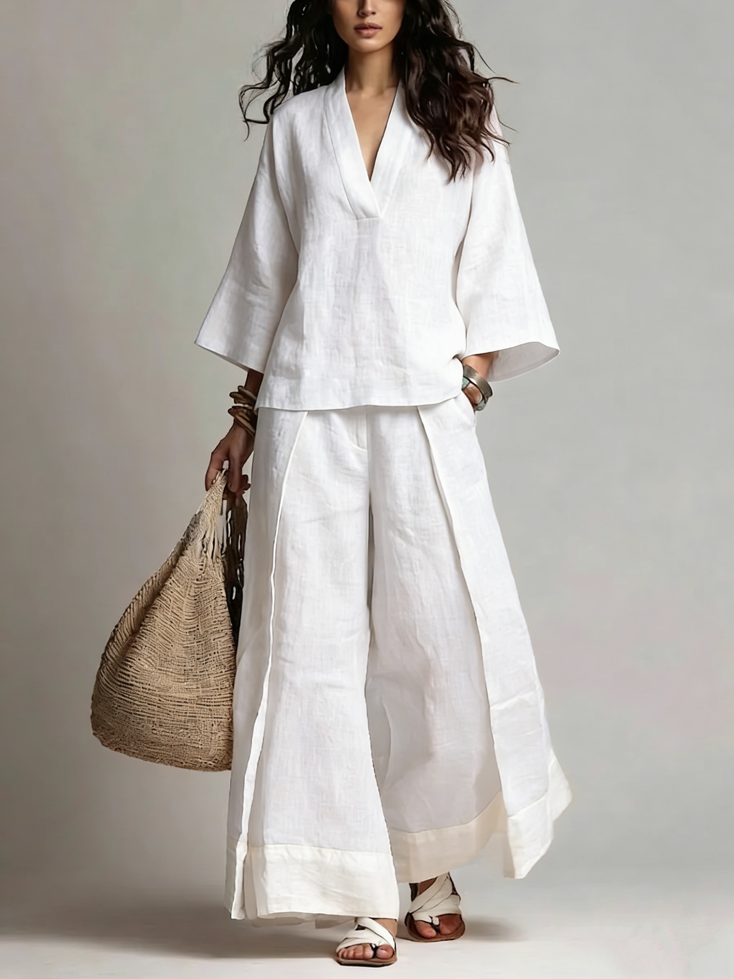 Cotton-linen set back view and color block detail