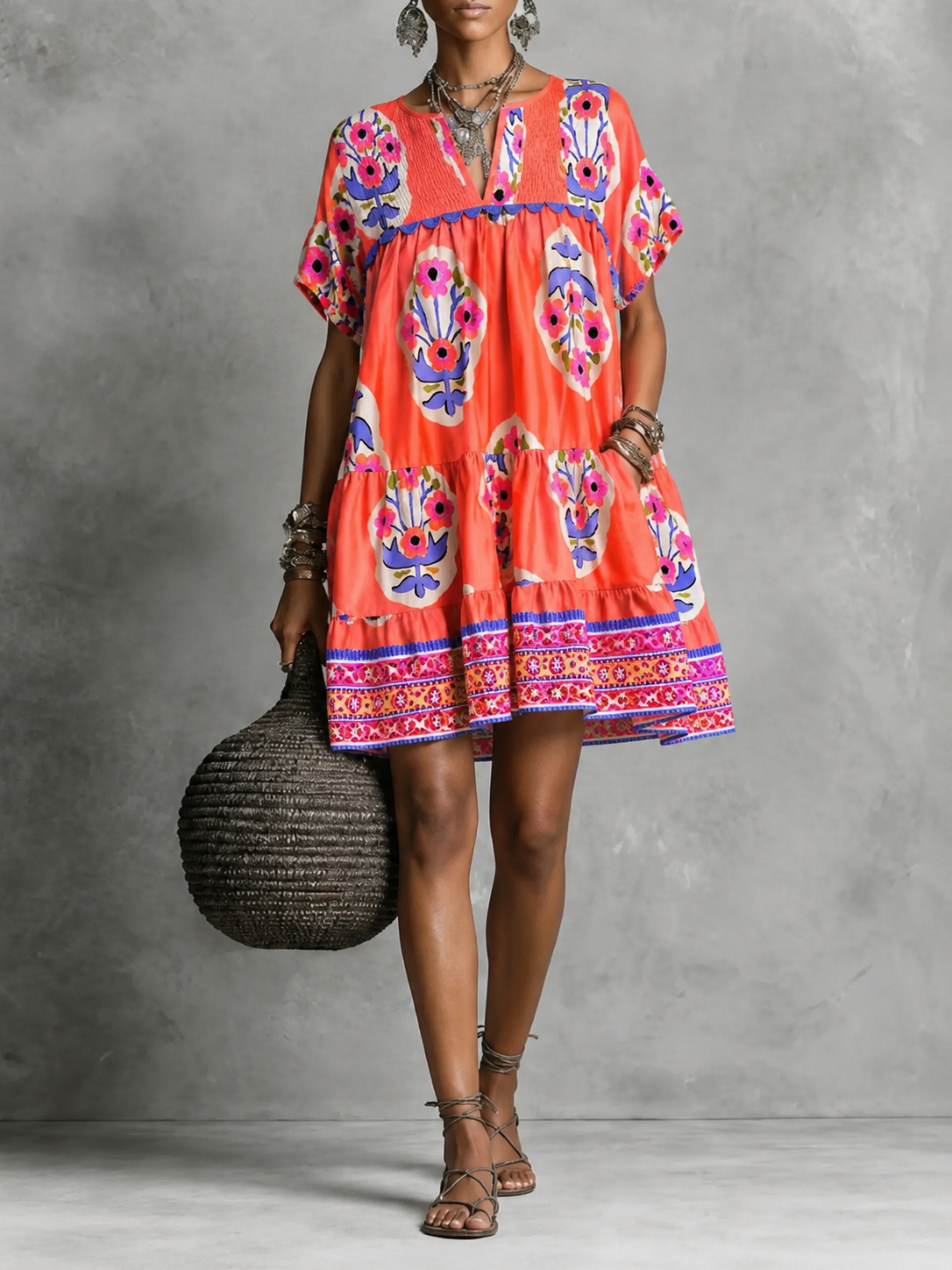 Coral & Purple Smoked Front Ric Rac Dress