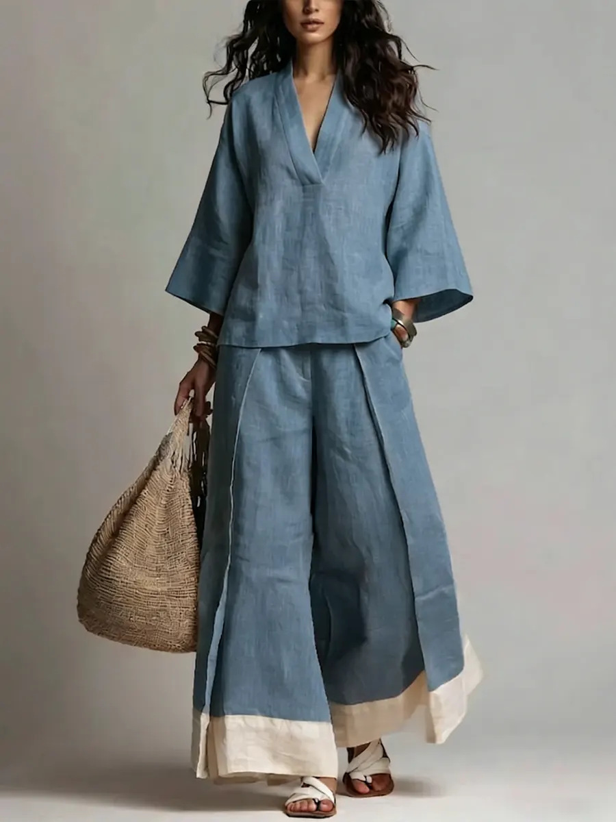 Women's linen two-piece set lifestyle photo