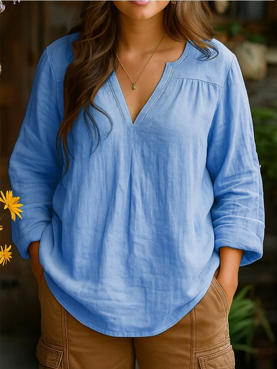 Women's Linen Blend Casual Long Sleeved V-Neck Regular Top Shirt