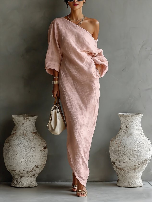 Casual Cotton Linen Maxi Dress Asymmetrical H-Line
