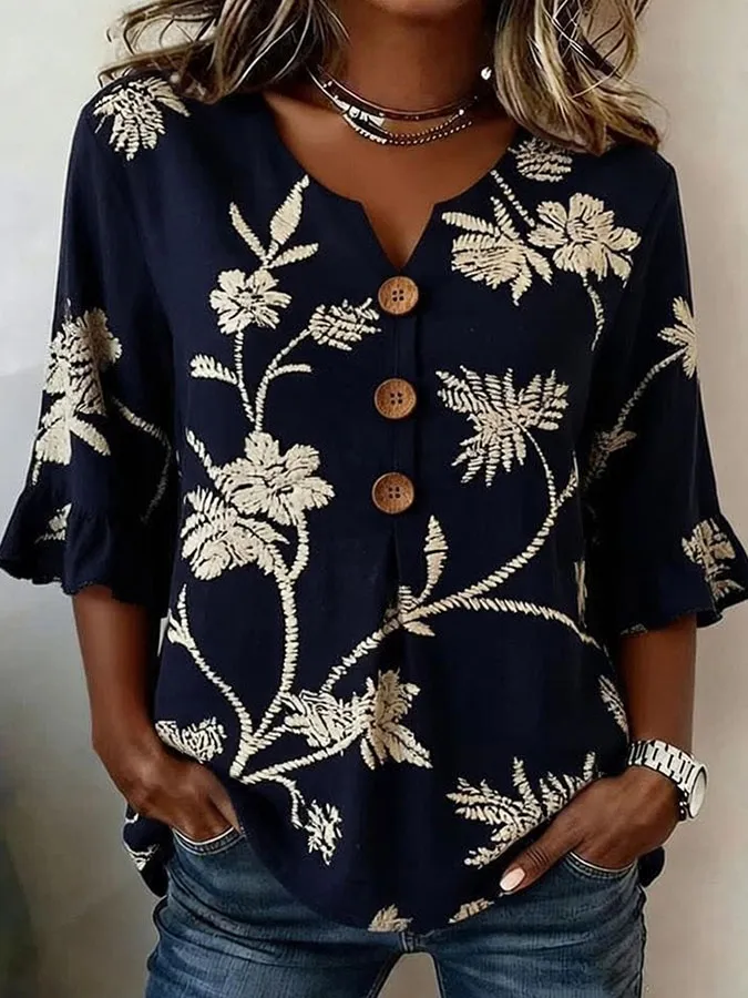 Women'S Floral Art Retro Printed Casual Top