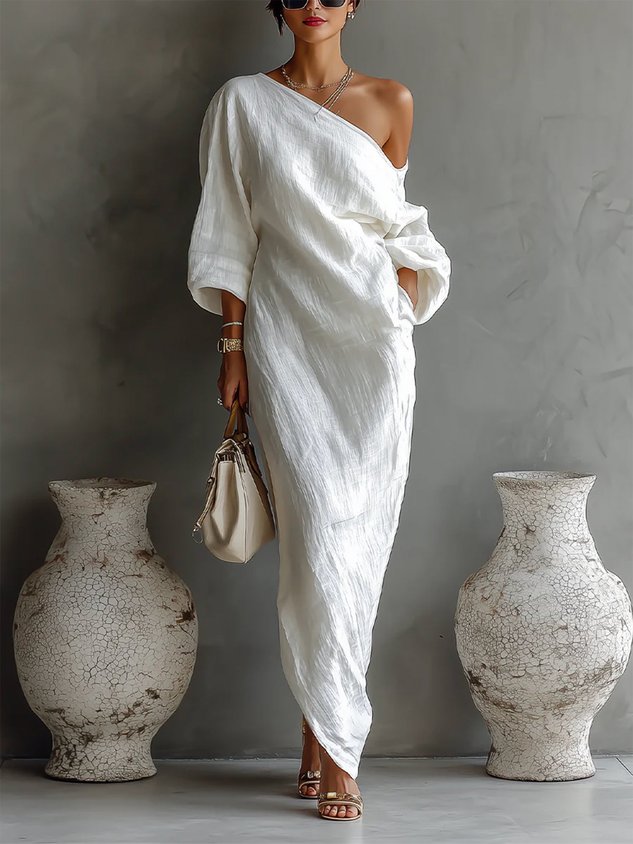 Casual Cotton Linen Maxi Dress Asymmetrical H-Line