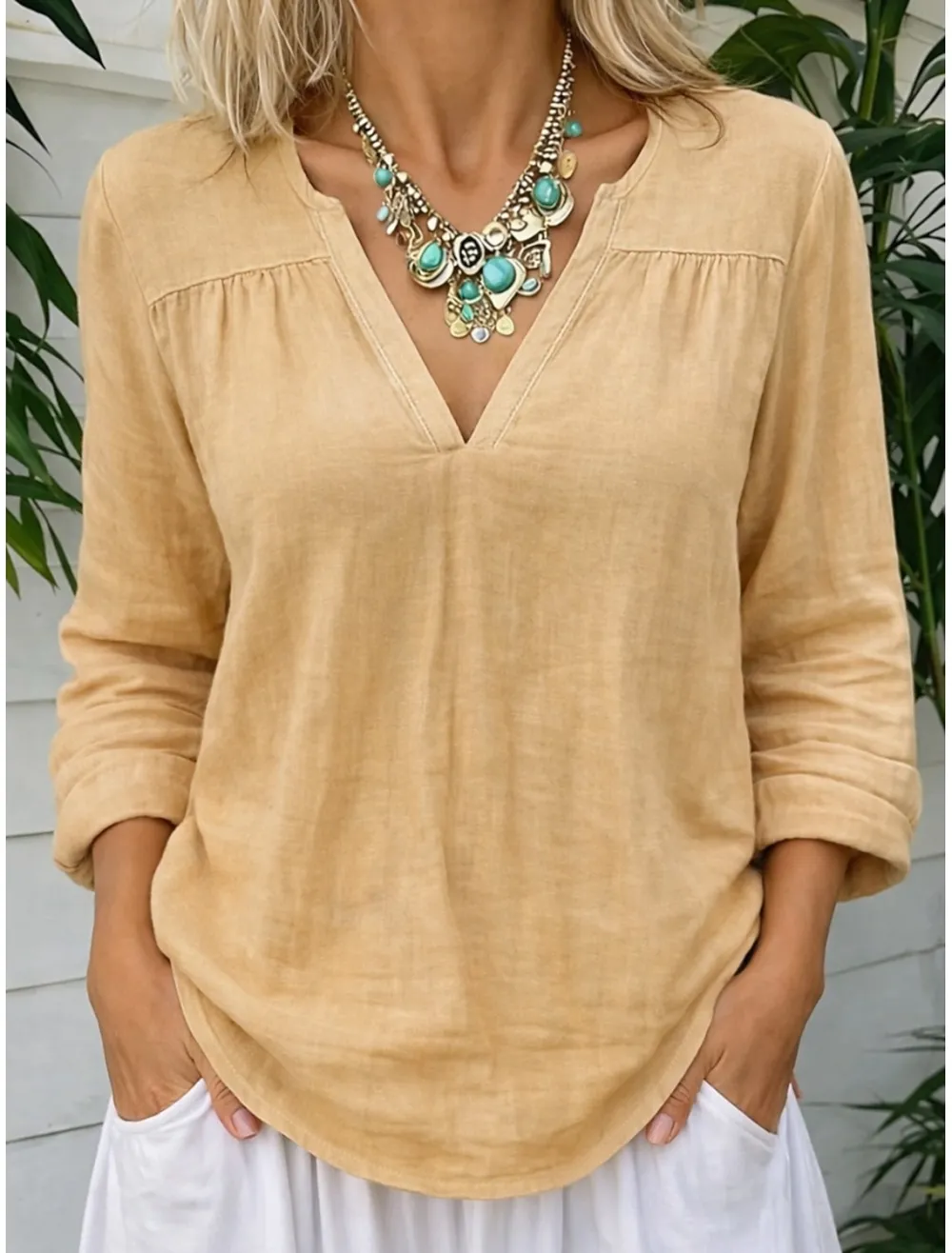 Women's Linen Blend Casual Long Sleeved V-Neck Regular Top Shirt