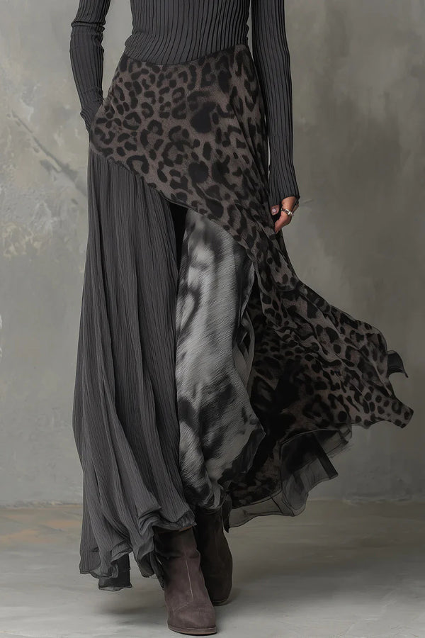 Stylish Leopard Print Patchwork Casual Long-sleeved Maxi Dress