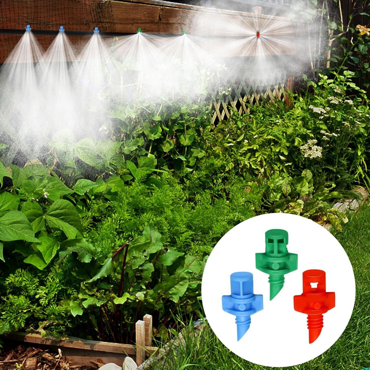 Drip irrigation system watering flowers in a courtyard