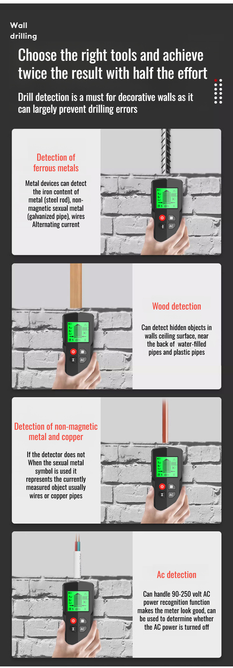 Ergonomic design of wall detector metal measuring device