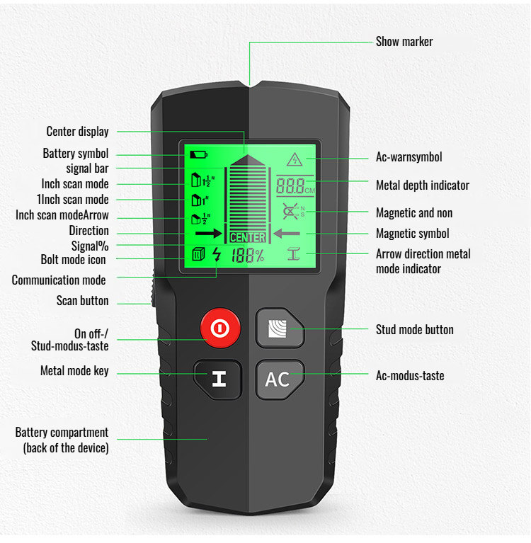 Digital display of wall detector showing metal detection