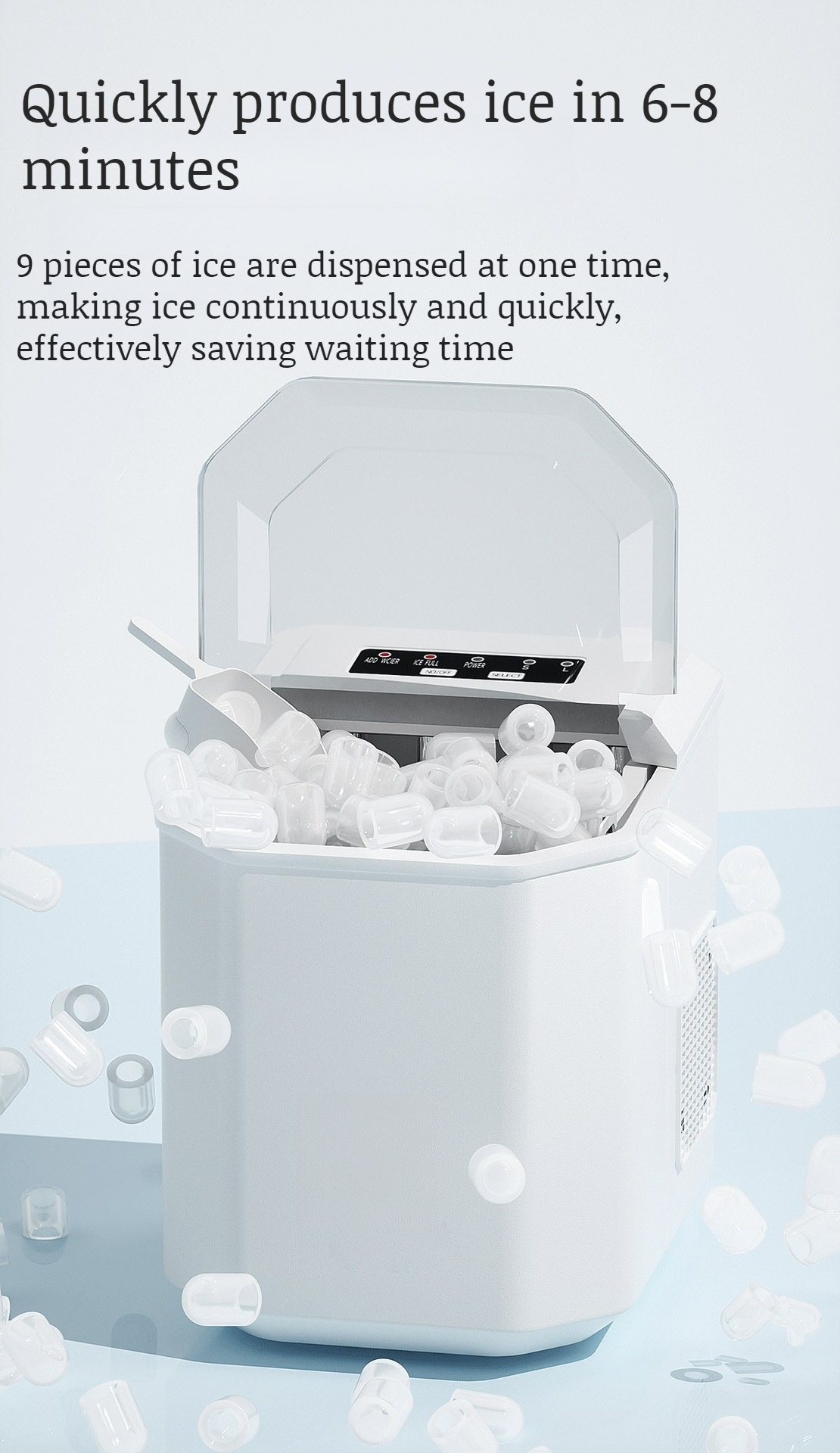 Automatic mini ice maker producing bullet-shaped ice cubes