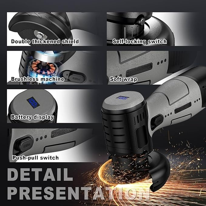 Brushless Cordless Angle Grinder Kit, 19500rpm Mini Electric Angle Grinding Tool with 2x16.8V 2000mAh Battery and 6-Cutting Discs, Grinder Handheld Cutter for Metal Wood