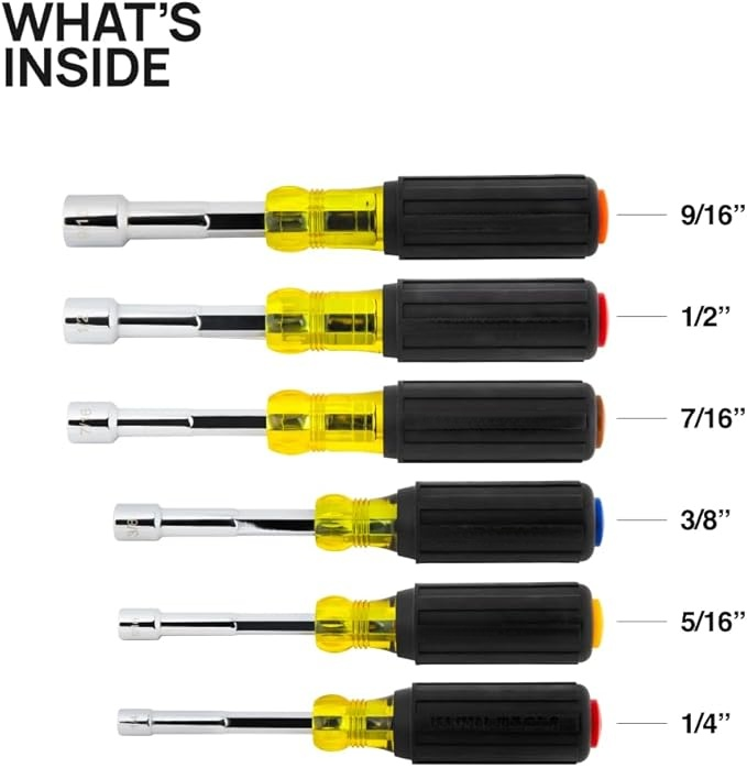 Hollow-Shaft Nut Driver Set, Heavy-Duty, Color-Coded Hex Sizes 1/4 to 9/16-Inch, Cushion-Grip Handles, 6-Piece