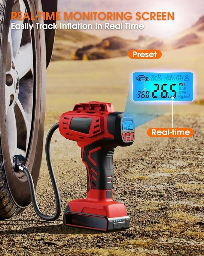 Digital Cordless Tire Inflator Portable Air Compressor Automatic 160PSI w/Gauge Screen & 4+N Smart Mode & Dual Power Supply, Rechargeable 21V Battery Powered Handheld Air Pump, Car Tire Pump
