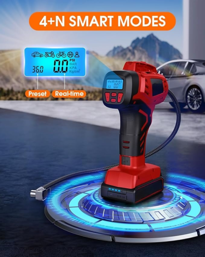Digital Cordless Tire Inflator Portable Air Compressor Automatic 160PSI w/Gauge Screen & 4+N Smart Mode & Dual Power Supply, Rechargeable 21V Battery Powered Handheld Air Pump, Car Tire Pump
