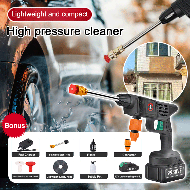 【💧High-pressure wireless car wash gun】Extra-large battery + four turbochargers, 3200 PSI water pressure