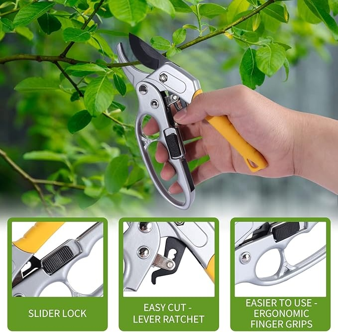 Pruning Shears, Arthritis Weak Hand Snips, Work 3 Times Easier, 1-Inch Cut Capacity Garden Clippers, Ergonomic handle, Rust resistant, high strength steel, Sharp