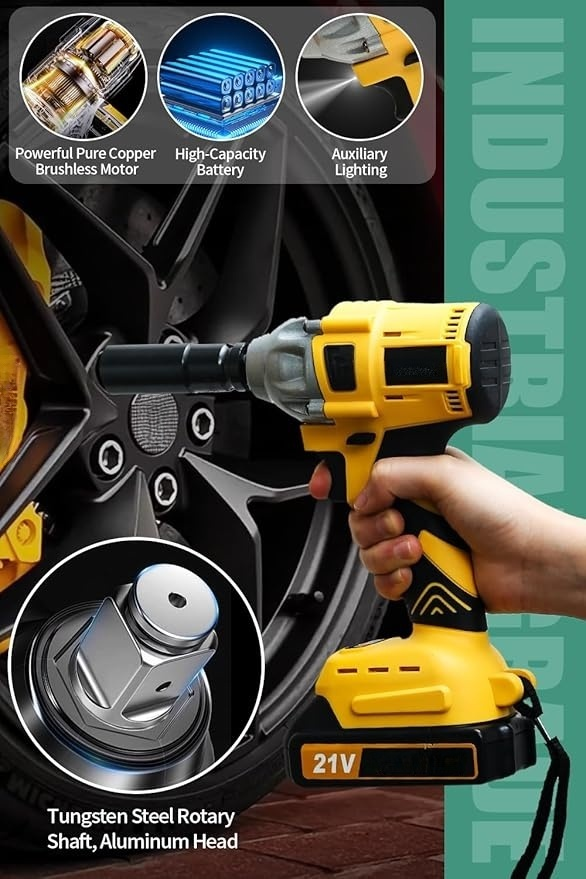 Cordless Impact Wrench for Car Repair & Home Use, 1/2" Electric Brushless Impact Gun with 2 Batteries & 5 Sockets, Heavy Duty Tool Kit for Men, All-Season DIY, Yellow-A, Medium Size