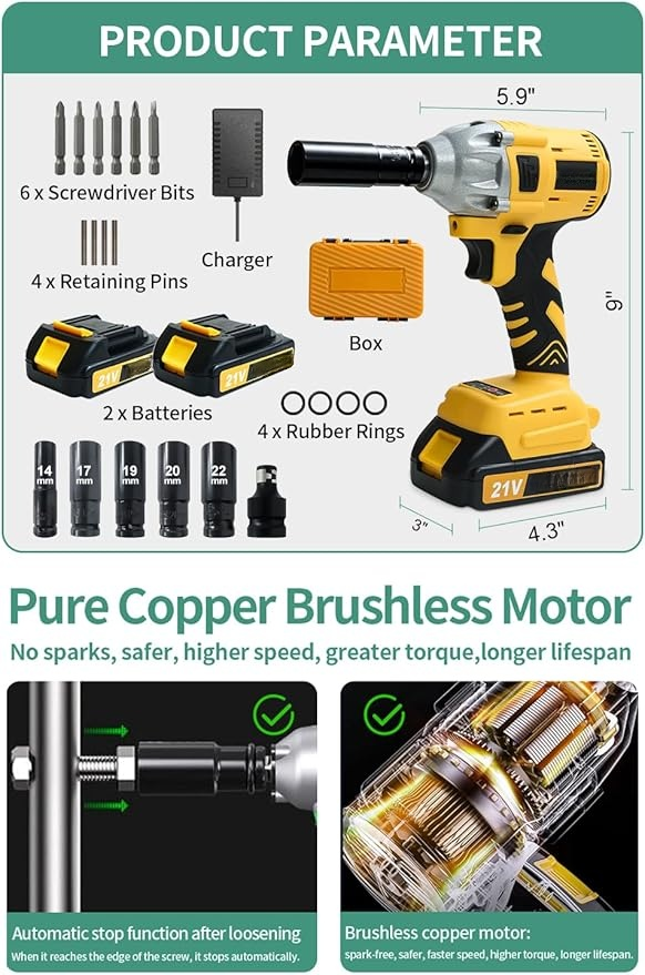 Cordless Impact Wrench for Car Repair & Home Use, 1/2" Electric Brushless Impact Gun with 2 Batteries & 5 Sockets, Heavy Duty Tool Kit for Men, All-Season DIY, Yellow-A, Medium Size