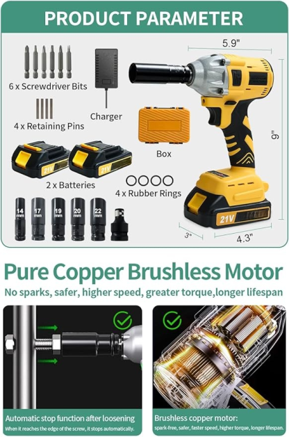 Cordless Impact Wrench for Car Repair & Home Use, 1/2" Electric Brushless Impact Gun with 2 Batteries & 5 Sockets, Heavy Duty Tool Kit for Men, All-Season DIY, Yellow-A, Medium Size