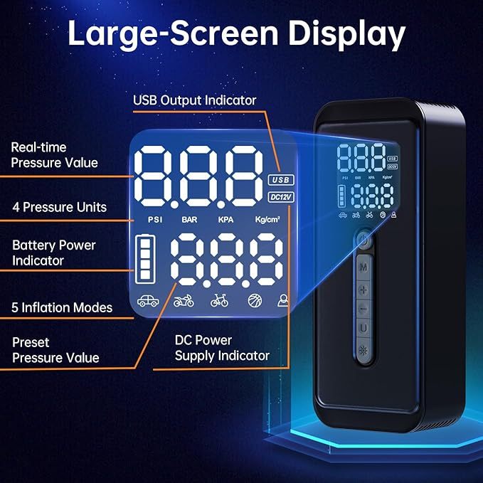 Yeaban Tire Inflator Portable Air Compressor-4X Faster 150 PSI -Rechargeable Battery & 12V DC Dual Power Supply, Smart Air Pump for Car Motorcycle Bicycle Ball with LED SOS Lighting (Black)