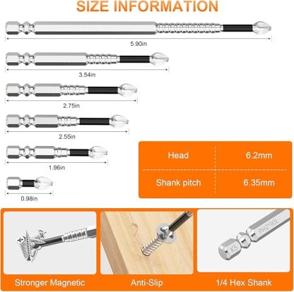 High Magnetic Screwdriver Drill Bit Set - 12Pcs K5 Impact Resistant Non Slip Bit - Magnetic Screwdriver Bits - 25 50 65 70 90 150mm (12Pcs)