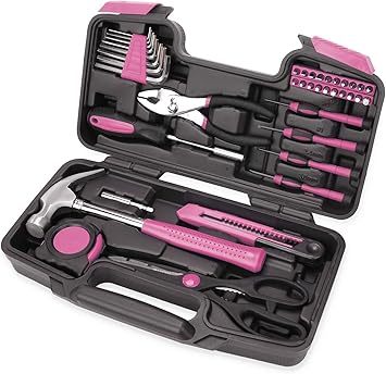 39 Piece All Purpose Basic Household Pink Tool Kit for Women - Small Tool Set with Toolbox Great for Home, Garage, Office and College Dormitory Use