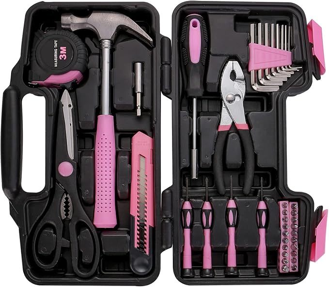 39 Piece All Purpose Basic Household Pink Tool Kit for Women - Small Tool Set with Toolbox Great for Home, Garage, Office and College Dormitory Use