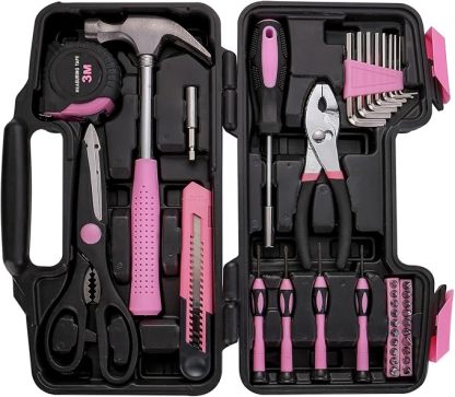 39 Piece All Purpose Basic Household Pink Tool Kit for Women - Small Tool Set with Toolbox Great for Home, Garage, Office and College Dormitory Use