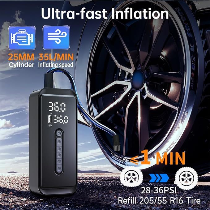 Yeaban Tire Inflator Portable Air Compressor-4X Faster 150 PSI -Rechargeable Battery & 12V DC Dual Power Supply, Smart Air Pump for Car Motorcycle Bicycle Ball with LED SOS Lighting (Black)