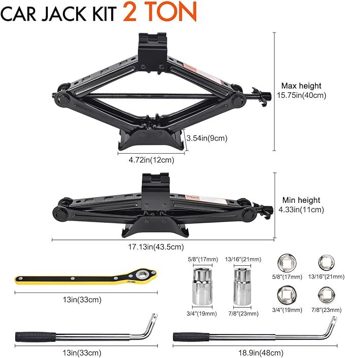 Car Jack Kit Scissor Jack for Car 2 Ton (4409 lbs) Tire Jack Tool Kit Universal Car Emergency Kit with Lug Wrench Tire Changing Kit for Car SUV (2T)