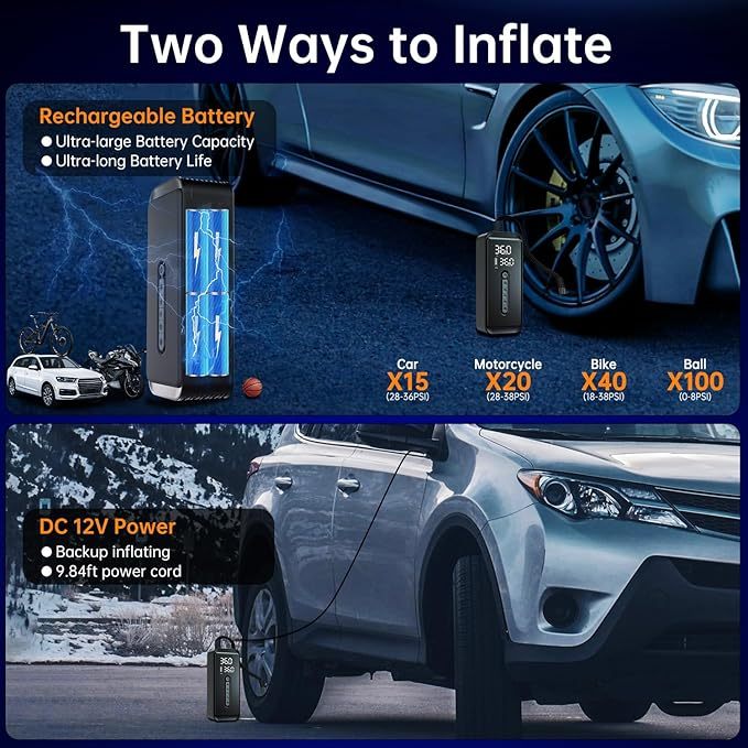 Yeaban Tire Inflator Portable Air Compressor-4X Faster 150 PSI -Rechargeable Battery & 12V DC Dual Power Supply, Smart Air Pump for Car Motorcycle Bicycle Ball with LED SOS Lighting (Black)