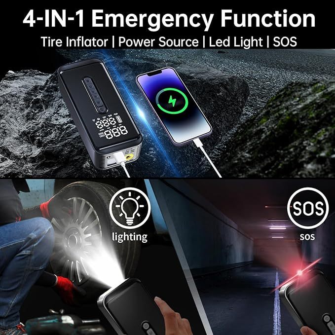 Yeaban Tire Inflator Portable Air Compressor-4X Faster 150 PSI -Rechargeable Battery & 12V DC Dual Power Supply, Smart Air Pump for Car Motorcycle Bicycle Ball with LED SOS Lighting (Black)