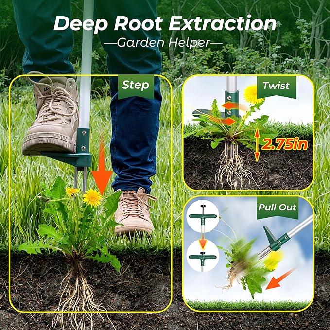 Weed Puller, Stand Up Weeder Hand Tool, Long Handle Garden Weeding Tool with 3 Claws, Hand Weed Hound Weed Puller for Dandelion, Standup Weed Root Pulling Tool and Picker, Grabber (1 Pack)