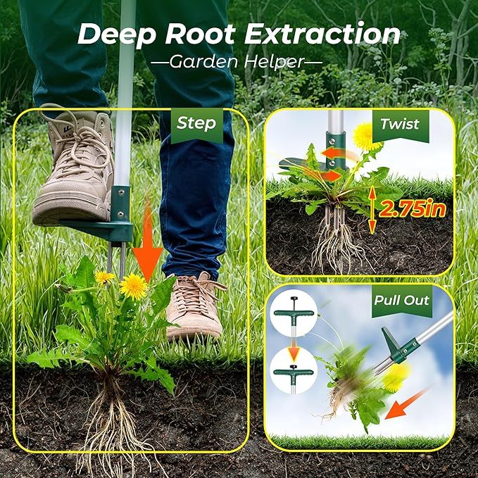 Weed Puller, Stand Up Weeder Hand Tool, Long Handle Garden Weeding Tool with 3 Claws, Hand Weed Hound Weed Puller for Dandelion, Standup Weed Root Pulling Tool and Picker, Grabber (1 Pack)
