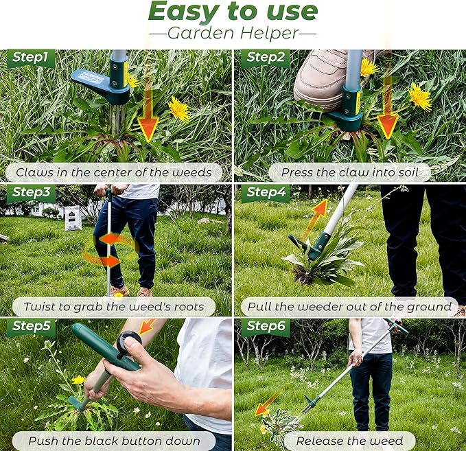 Weed Puller, Stand Up Weeder Hand Tool, Long Handle Garden Weeding Tool with 3 Claws, Hand Weed Hound Weed Puller for Dandelion, Standup Weed Root Pulling Tool and Picker, Grabber (1 Pack)
