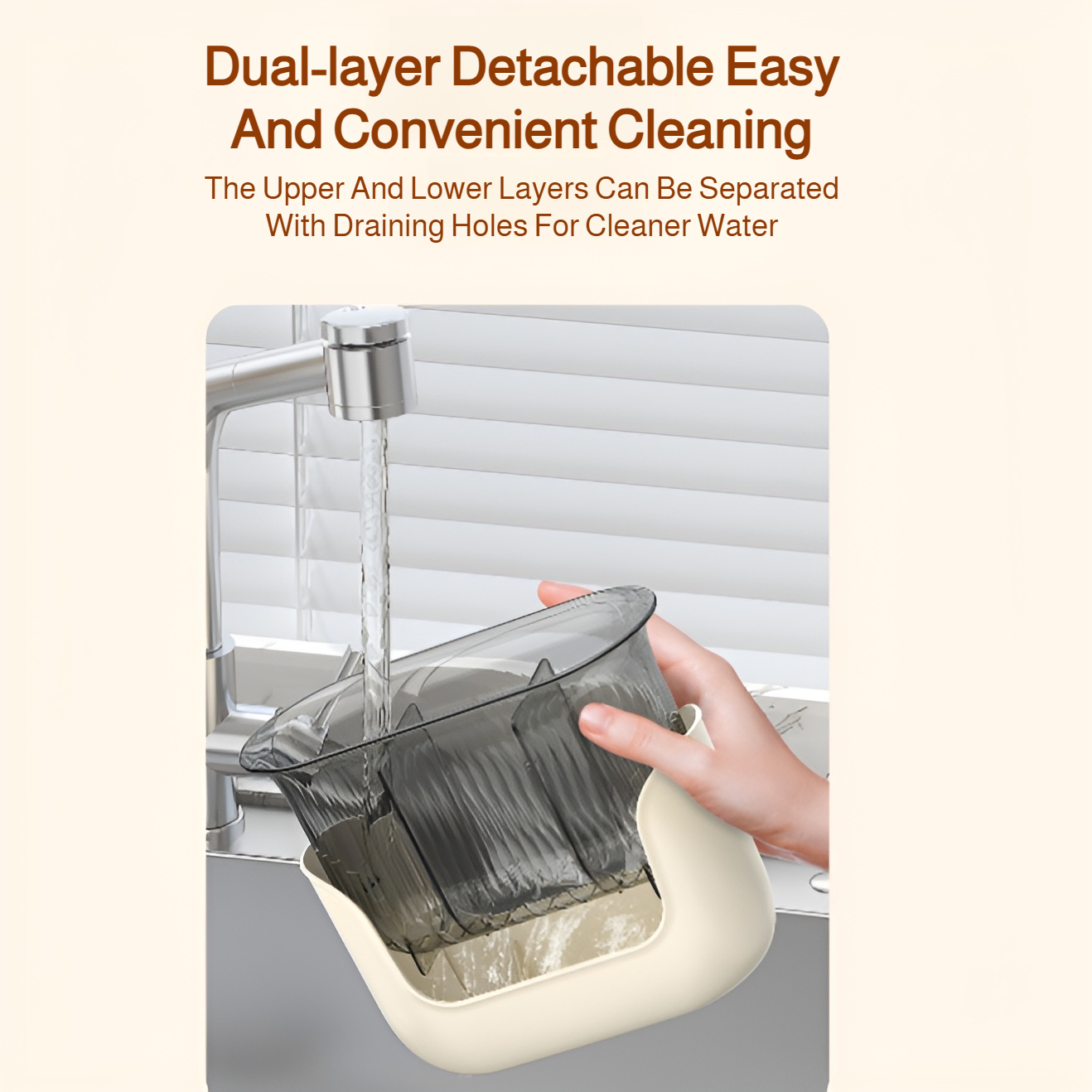 Modern kitchen with tableware storage rack on counter